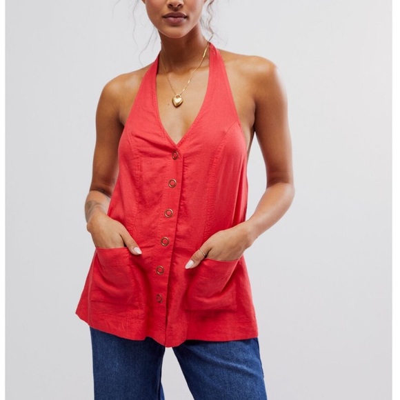 Free People NWT Scout Linen Blend Vneck Snap-Close Halter Vest Top large - Picture 3 of 14